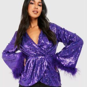 Purple Sequin Wrap Flare Feather Cuff Top Size 10